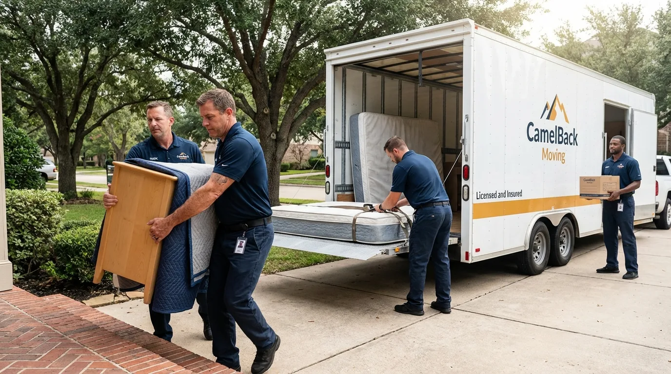 Crew loading residential truck for cross-state move from Colfax, CA