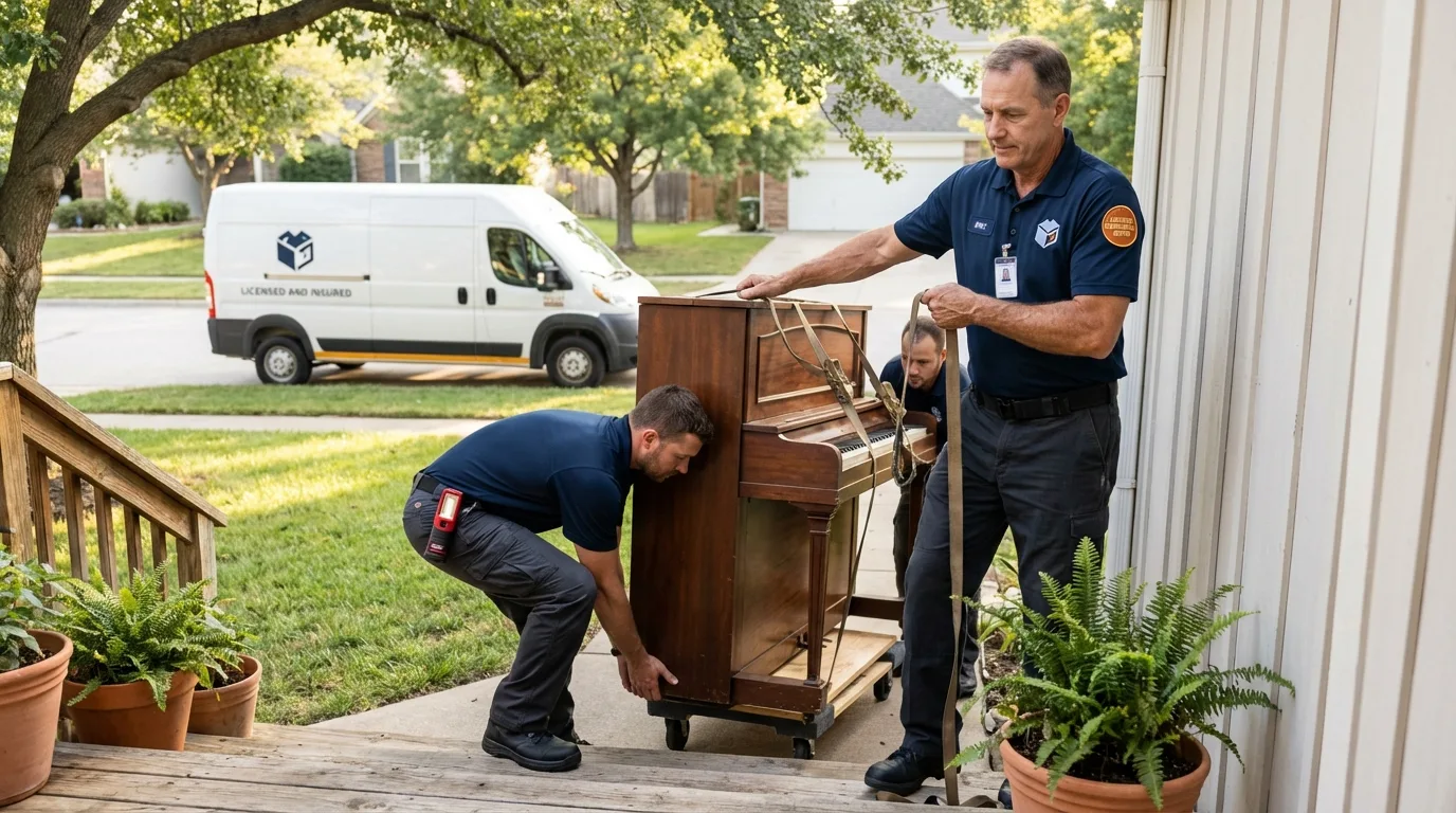Licensed piano movers securing grand piano in Colfax, CA