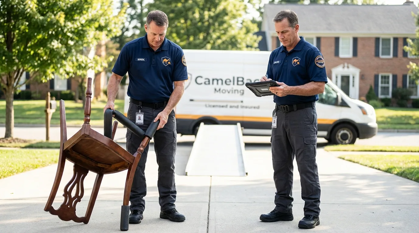 Movers inspecting furniture for damage prevention before loading in Colfax, CA