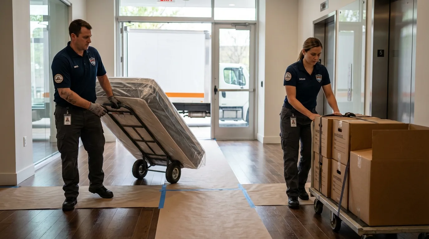 Professional apartment movers loading elevator in Colfax, CA
